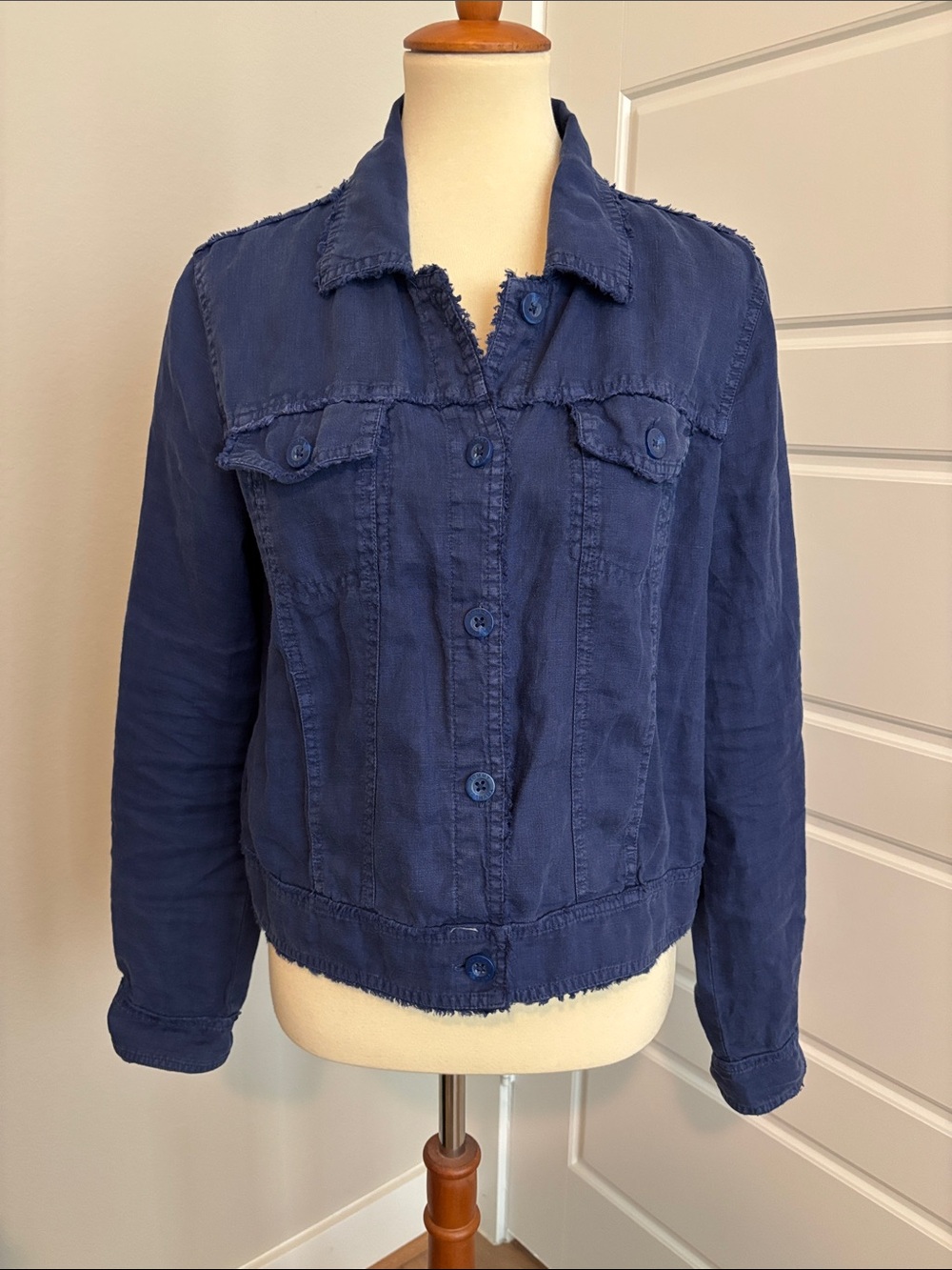 Tommy Bahama Navy Button-Front linen Jean Jacket with Frayed Trim